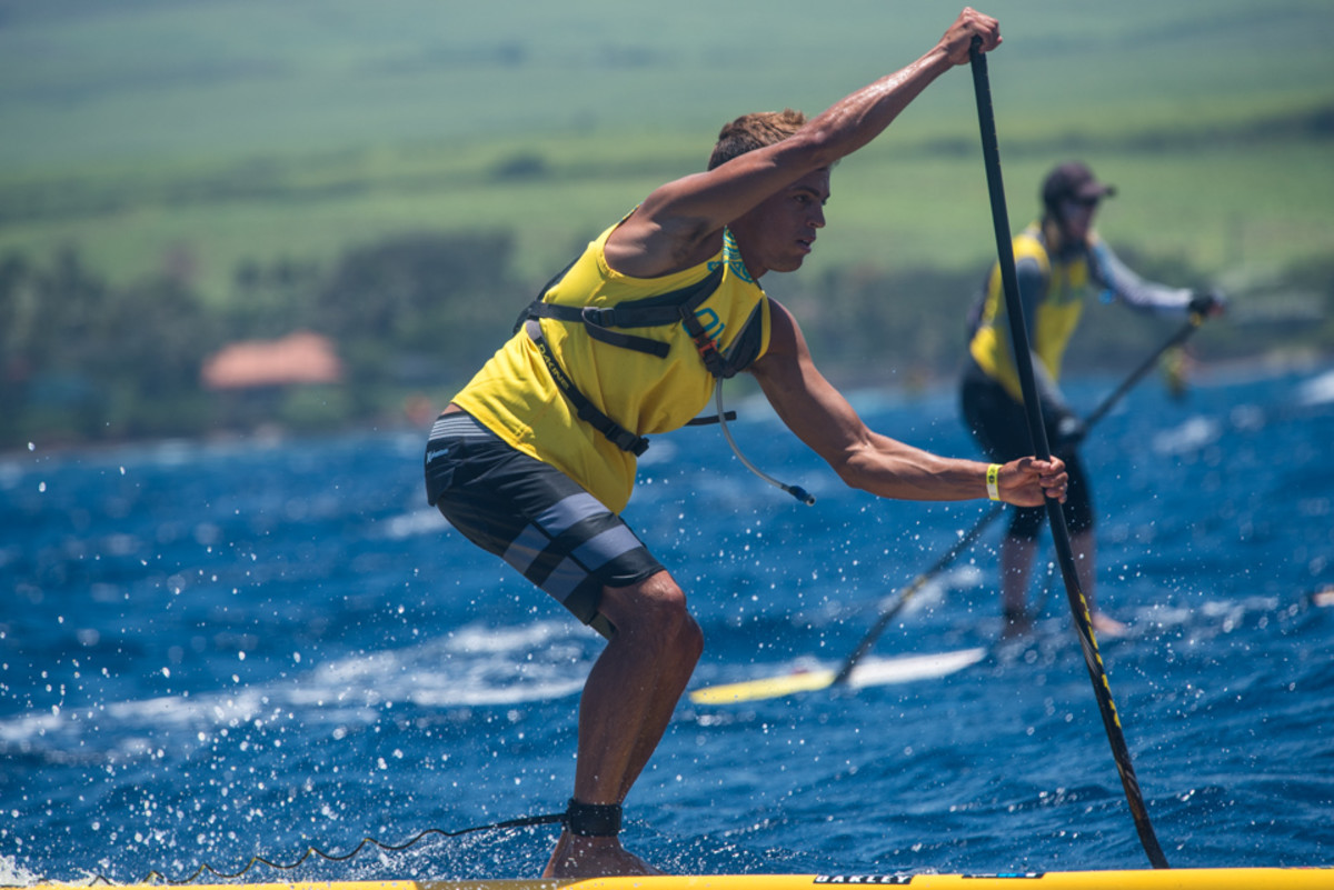 Kai Lenny finished seventh overall in relatively casual form at yesterday's SUP race. After spending the past week perfecting his skills on his remarkable new downwind hydrofoil prototype, it was clear Kai had other endeavors on his mind. Photo: Aaron Black-Schmidt