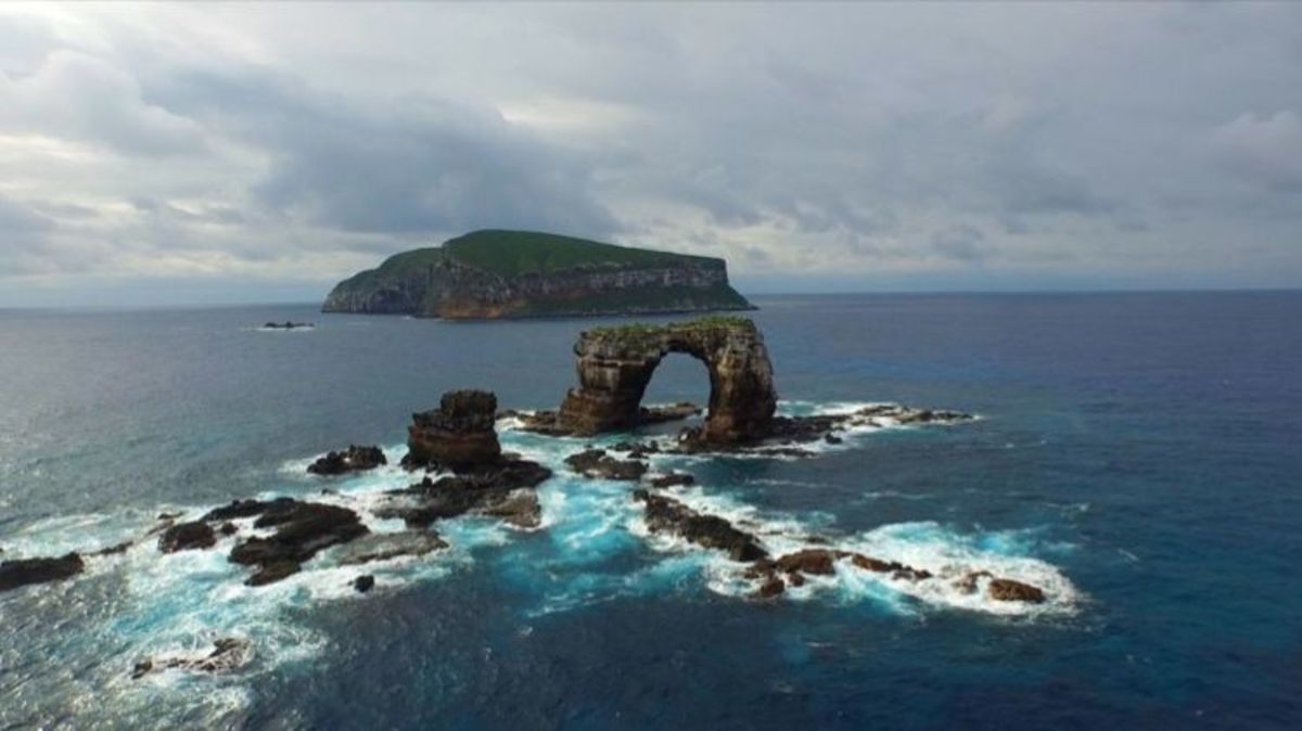 Darwin’s Arch protrudes from the water southeast of Darwin Island.
