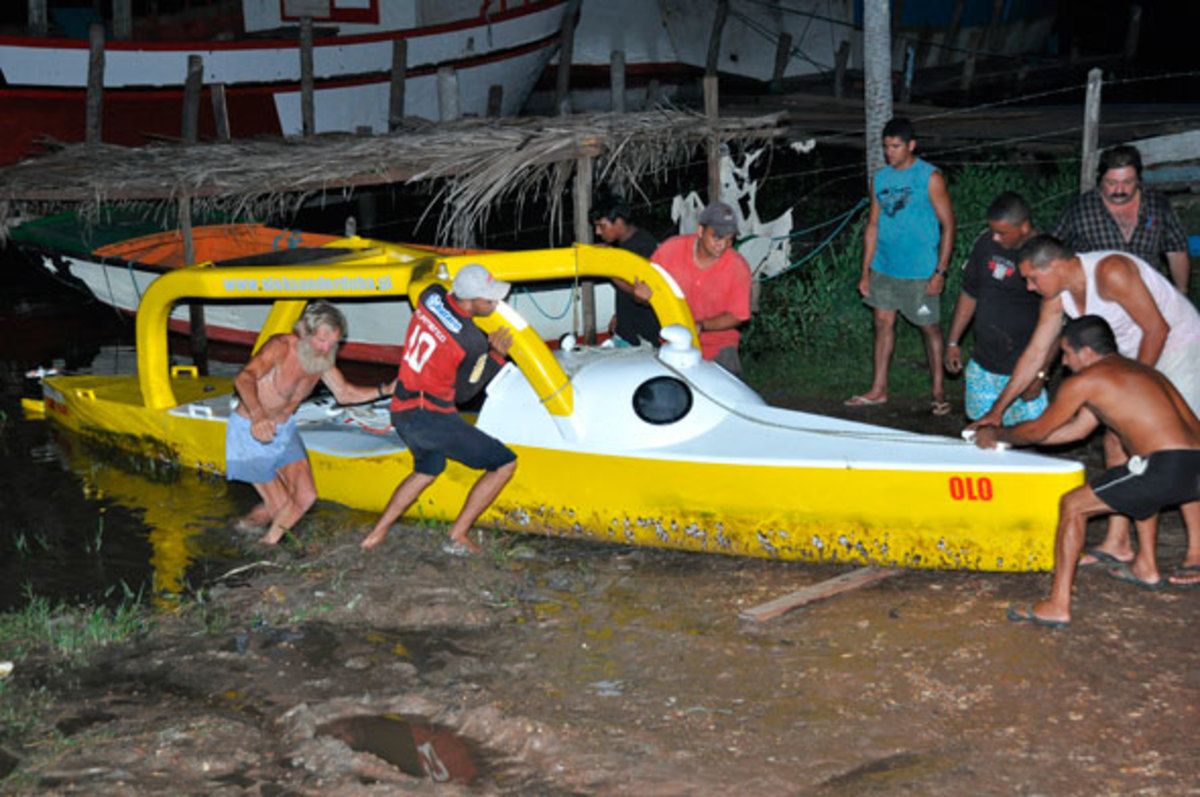 Doba makes landfall in Brazil after his first trans-Atlantic kayak crossing, 2011.