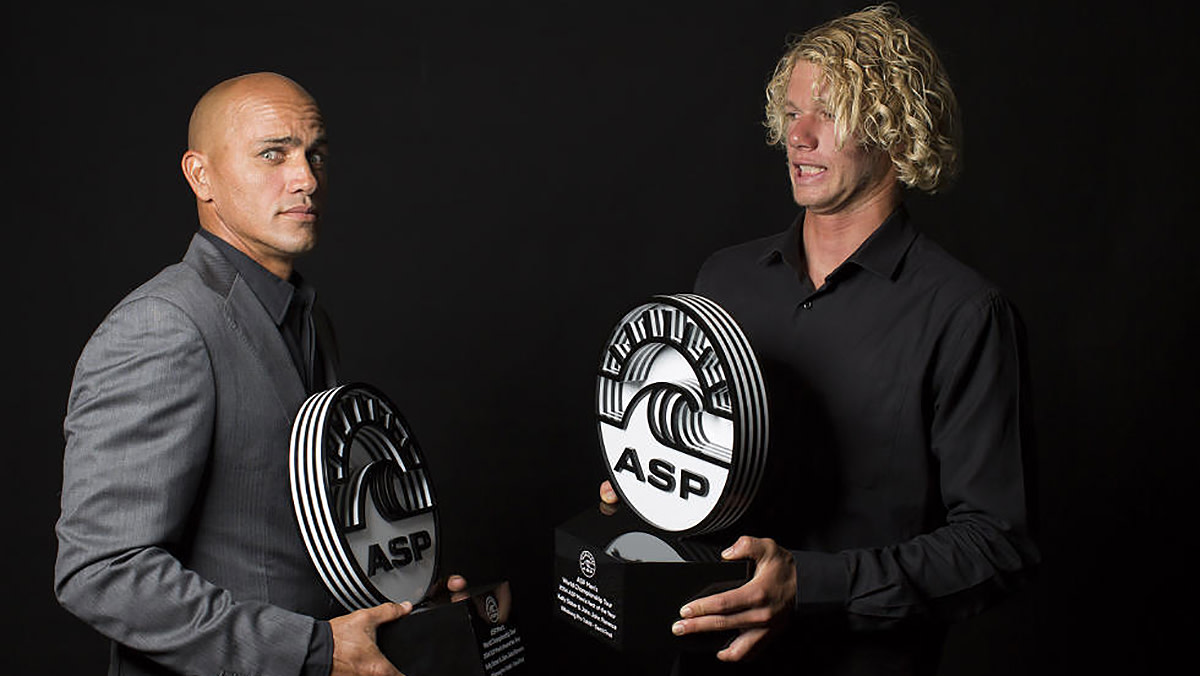 Kelly Slater and John Florence surfing for the same team?! Photo: Courtesy of Kirstin Scholtz/WSL