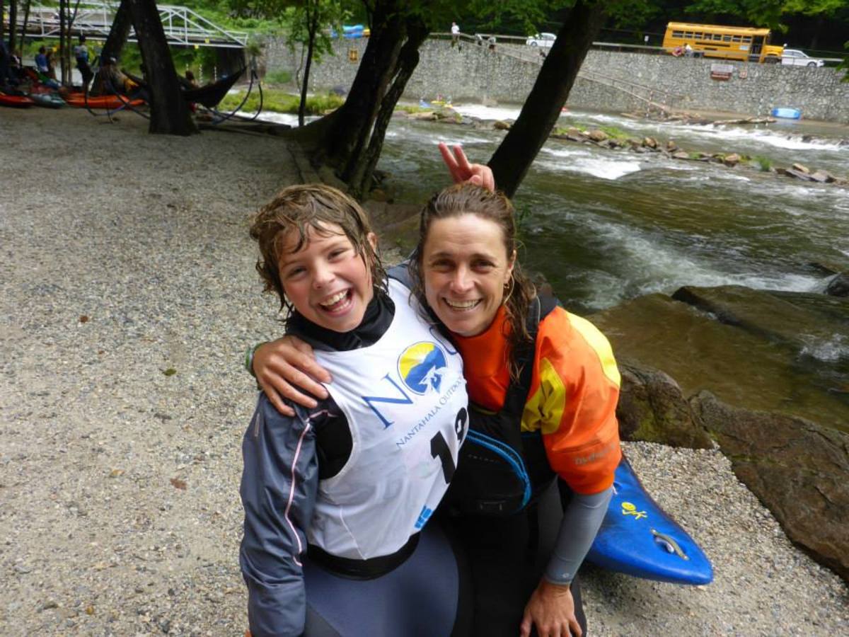 Maria Noakes and her son, Matteo, paddle together on their home run the Nantahala in North Carolina.