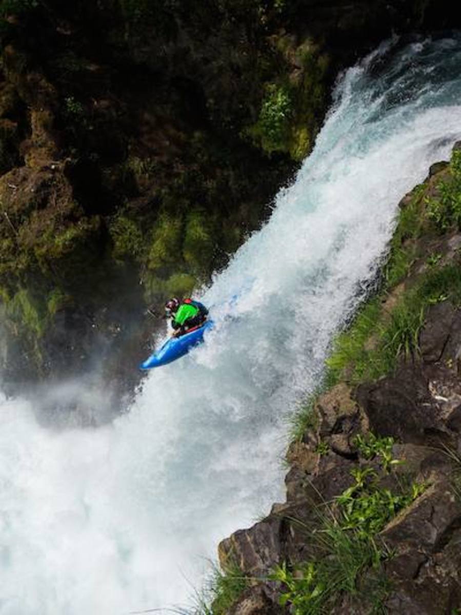 Pat Keller hucking Spirit Falls on the Little White Salmon. Photo courtesy Liquidlogic Kayaks