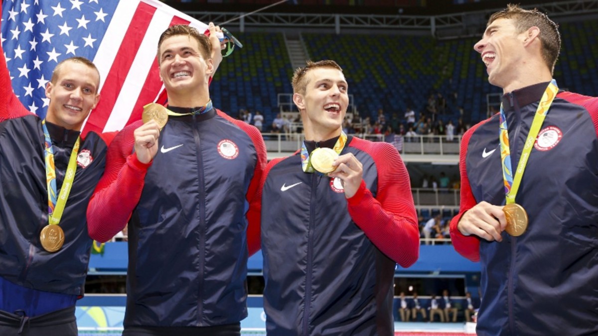 Brazil Rio 2016 Olympic Games - Aug 2016 Caeleb Dressel (l-r) Nathan Adrian Ryan Held and Michael Phelps of the Usa Pose with Their Gold Medals After the Medal Ceremony For the Men's 4x100m Freestyle Relay Final Race of the Rio 2016 Olympic Games Swimming Events at Olympic Aquatics Stadium at the Olympic Park in Rio De Janeiro Brazil 07 August 2016 Brazil Rio De Janeiro 7 Aug 2016 Image ID: 8422741sq Featured in: Brazil Rio 2016 Olympic Games - Aug 2016 Photo Credit: Patrick B Kraemer/EPA/Shutterstock