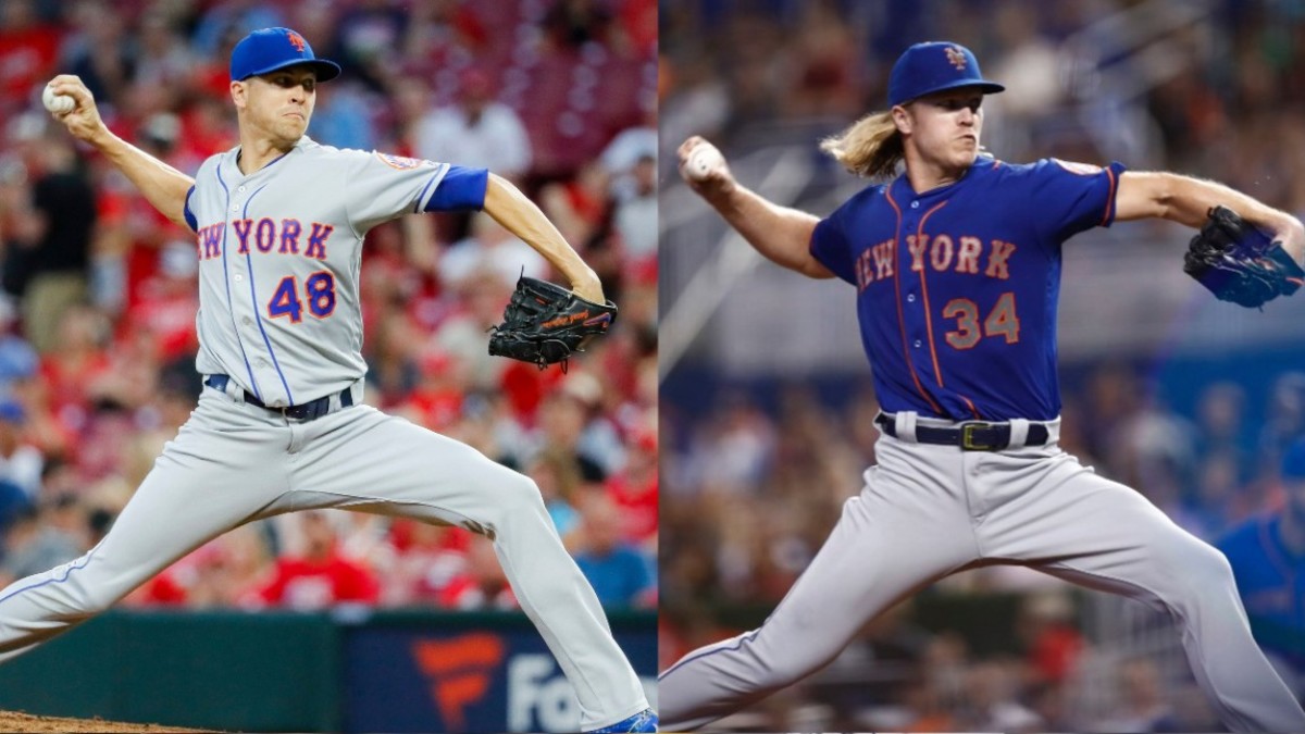 Mets Reds Baseball, Cincinnati, USA - 20 Sep 2019 New York Mets starting pitcher Jacob deGrom throws in the second inning of a baseball game against the Cincinnati Reds, in Cincinnati 20 Sep 2019 Image ID: 10419923c Featured in: Mets Reds Baseball, Cincinnati, USA - 20 Sep 2019 Photo Credit: John Minchillo/AP/Shutterstock, Mets Marlins Baseball, Miami, USA - 13 Jul 2019 New York Mets starting pitcher Noah Syndergaard (34) in action during a baseball game against the Miami Marlins, in Miami 13 Jul 2019 Image ID: 10333842y Featured in: Mets Marlins Baseball, Miami, USA - 13 Jul 2019 Photo Credit: Brynn Anderson/AP/Shutterstock