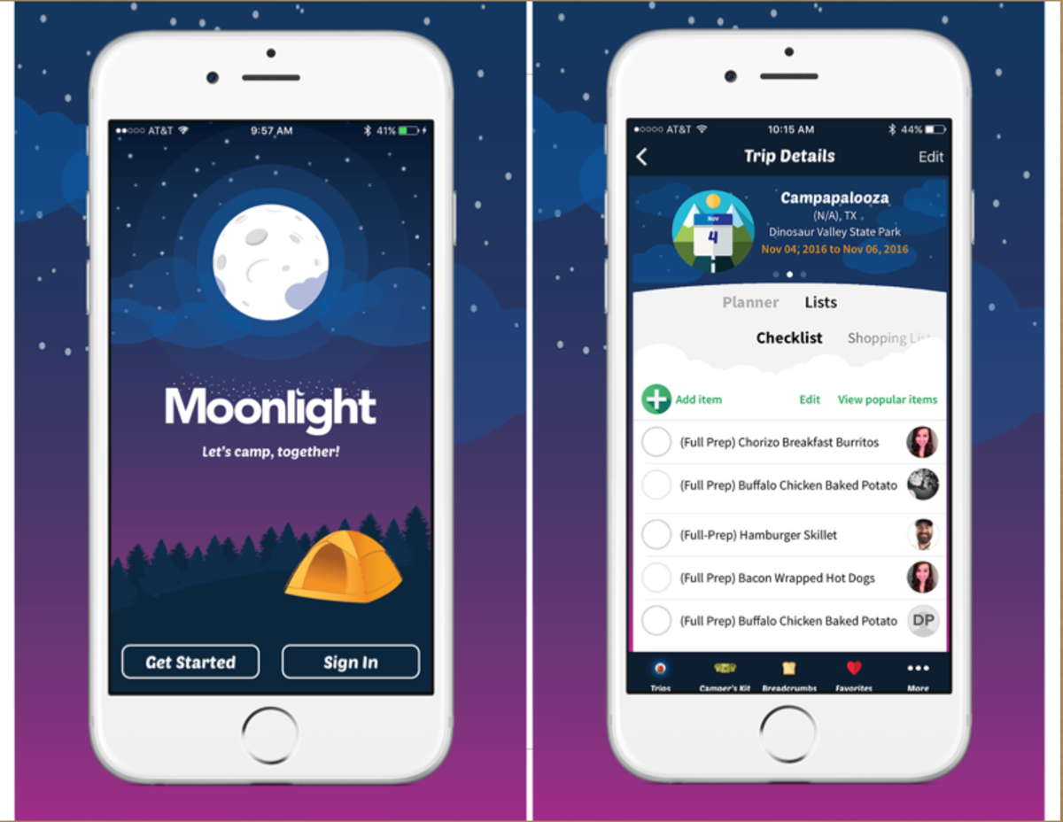 The Moonlight camping organization app makes suggestions like meals and activities. Photo: Courtesy of ACTIVE Network