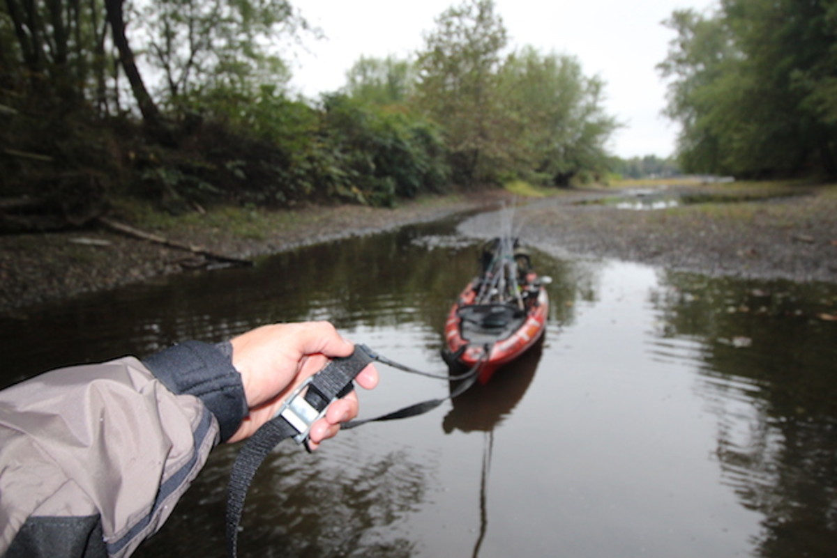 As soon as you unstrap your kayak from your car our trailer, put the strap in a hatch since it makes a great tool for towing your kayak through skinny water and rough terrain. Photo Jeff Little