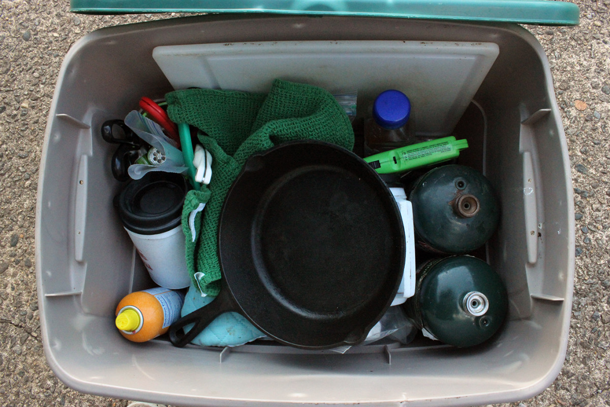Store cooking supplies in a bin keep for travel on the road. Photo: Charli Kerns 