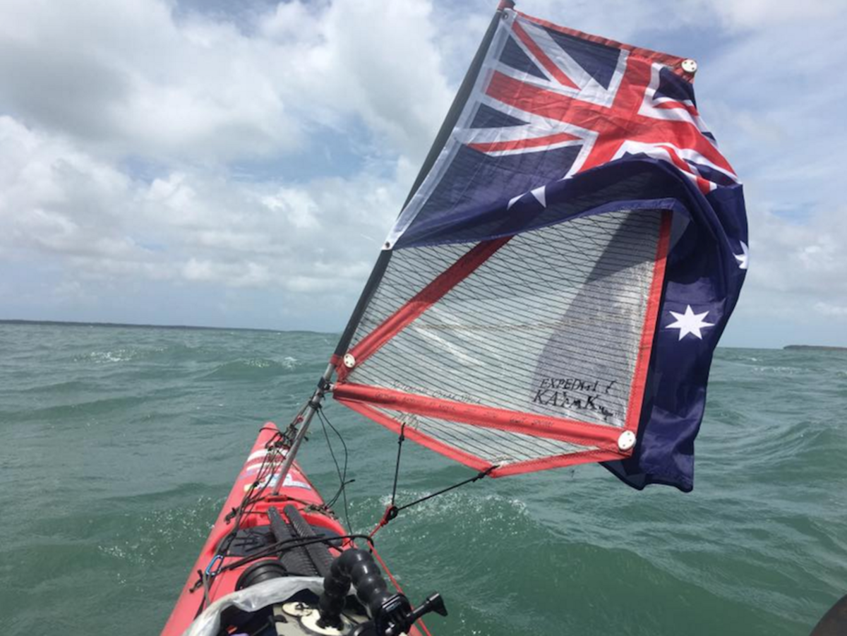 Home stretch: Robson flies the flag on her last crossing from Papua New Guinea to the Australian island of Saibai. Courtesy Sandy Robson