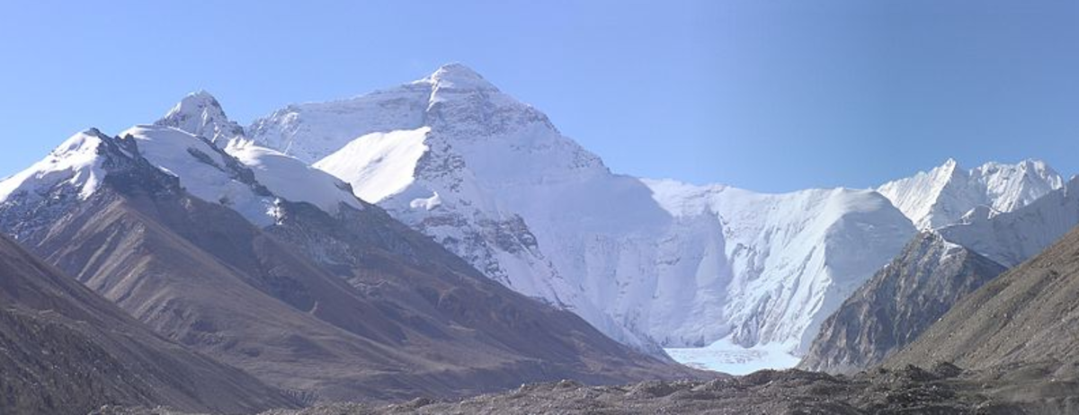 The north side of Mount Everest, shot from Base Camp on the Tibet side. Photo courtesy of Wikicommons.