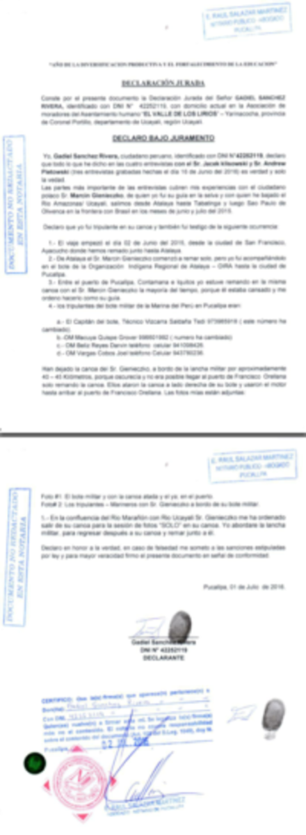 The sworn statement of Gadiel Sanchez Rivera
