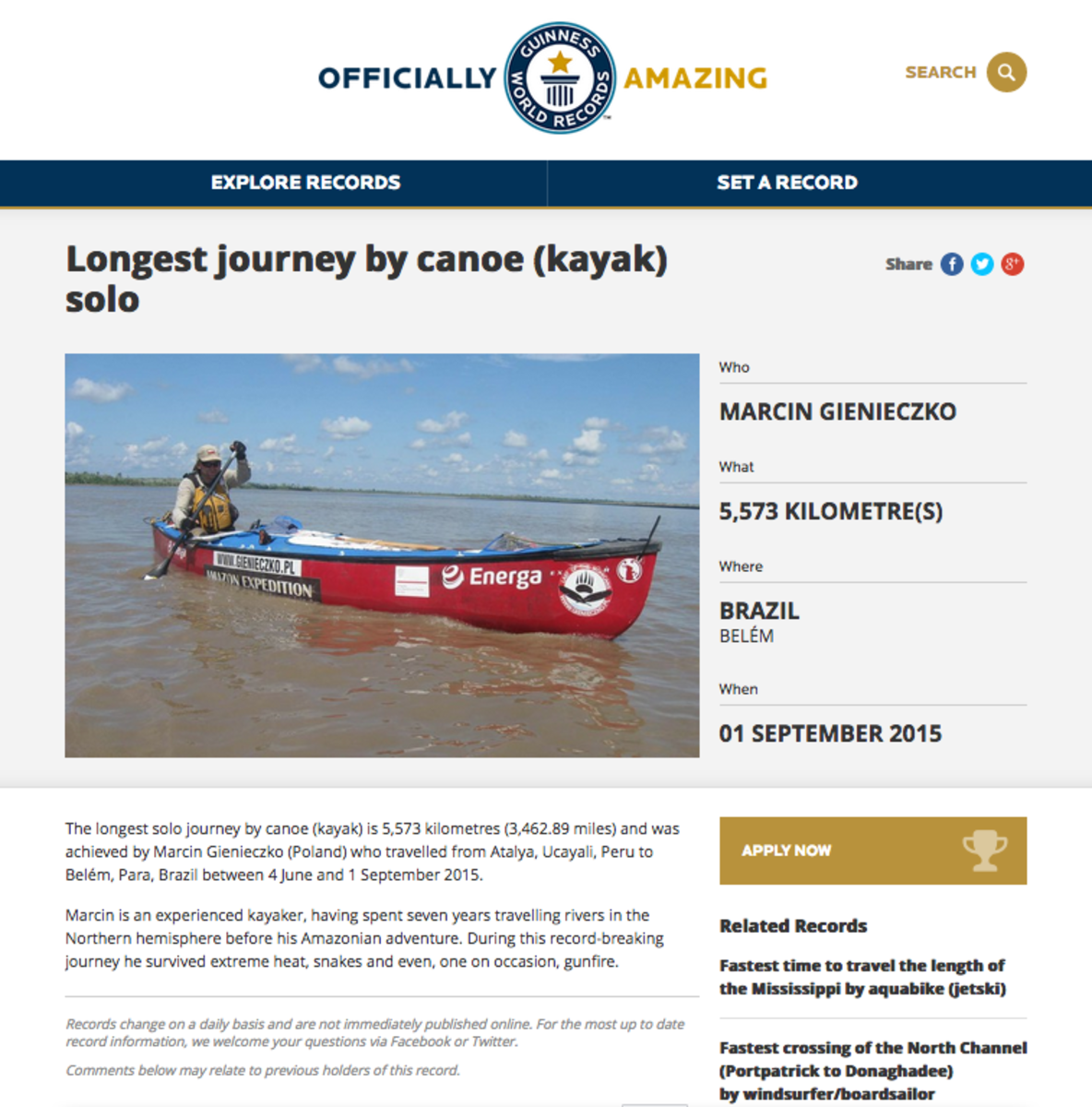 Gienieczko's record citation on the Guinness website.
