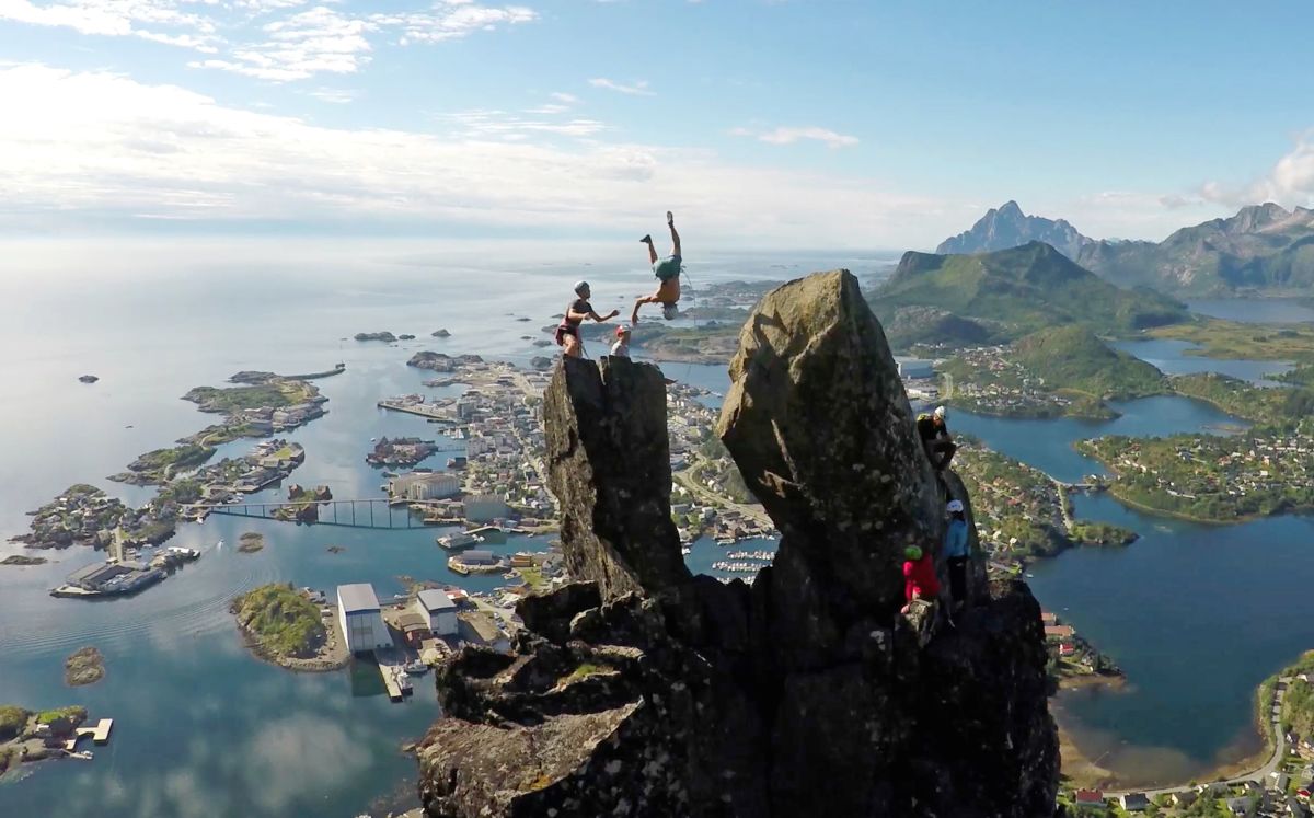 Brage Hernes Gåsvær completes a dangerous flip between rocks on iconic pinnacle in Norway.