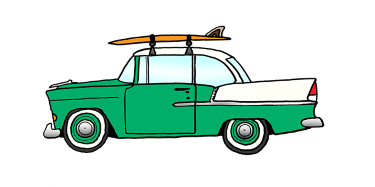 1955 Chevy BelAir 2-door HT and 5'5" KG fish. Photo: Courtesy of Rad Cars with Rad Surfboards