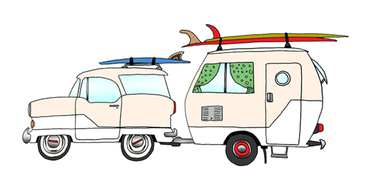1956 Nash Metropolitan with Camper and 9'8" Almond Surf Thump, 9'4" Dyer Brand “Jetson” and 5'2" Almond “Sea Kitten”. Photo: Courtesy of Rad Cars with Rad Surfboards