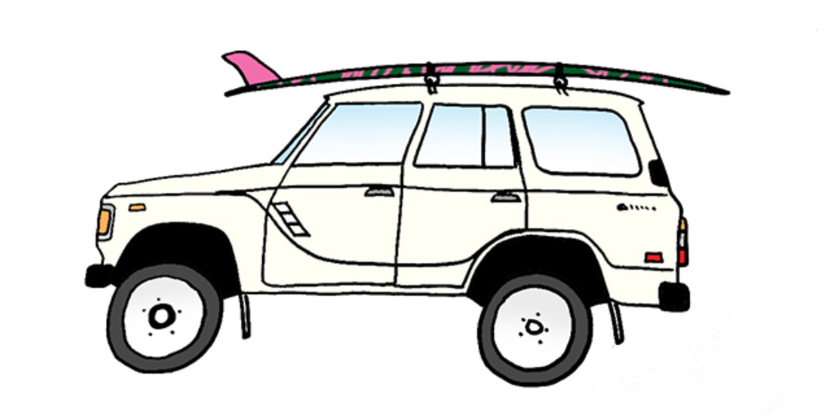 1984 Toyota Landcruiser and 9'9" Noserider by Travis Reynolds. Photo: Courtesy of Rad Cars with Rad Surfboards