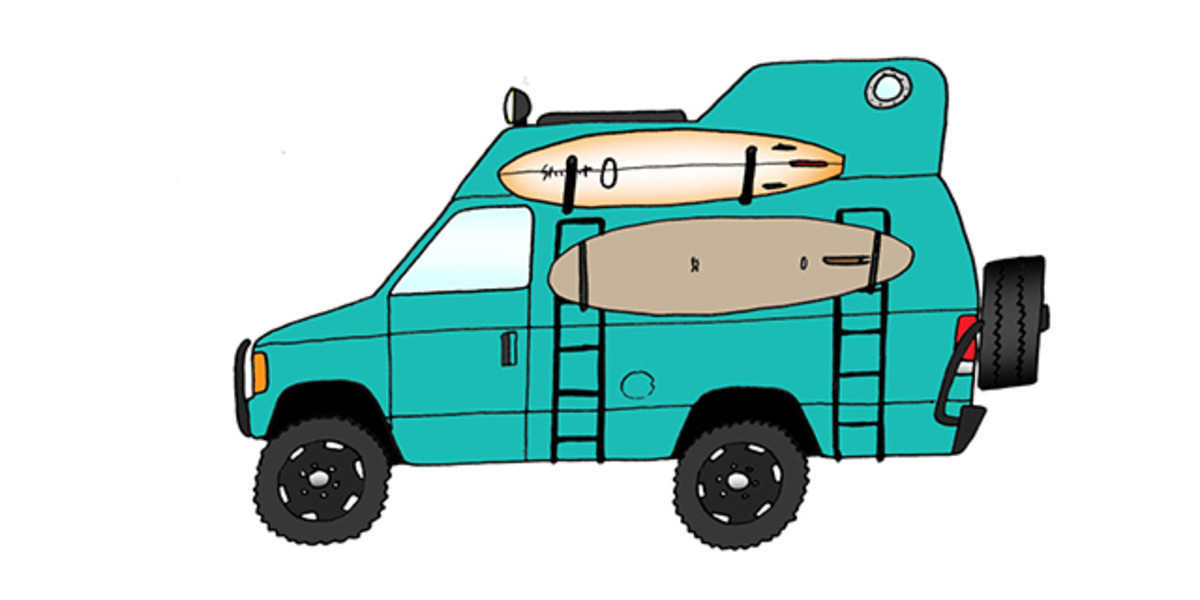 2010 Ford Sportsmobile and 10’ Takayama SUP and 9'2" Stewart Hydro-Hull. Photo: Courtesy of Rad Cars with Rad Surfboards