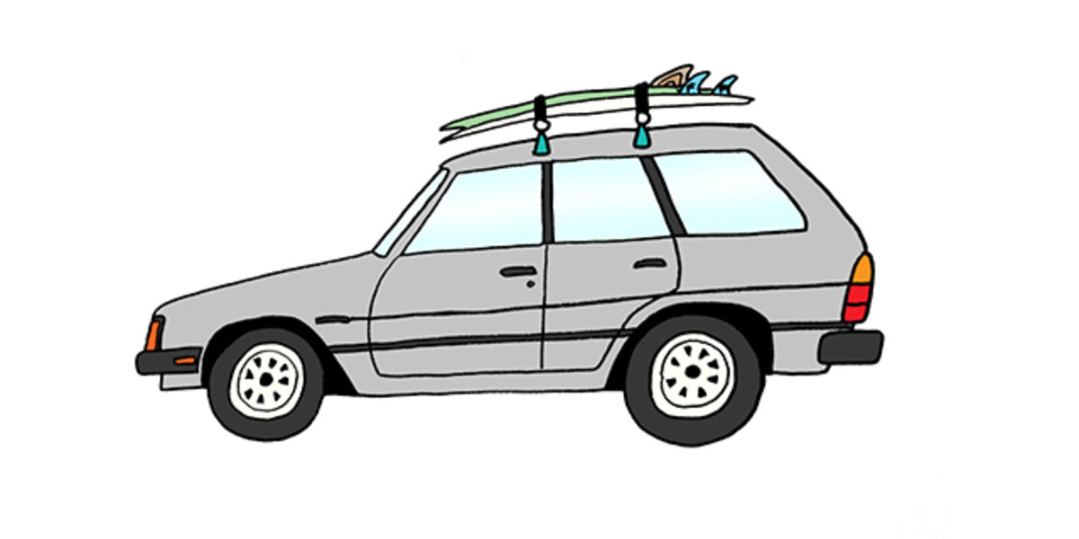 1982 Subaru GL wagon and 6'2" Rusty and 5'8" Zippy Keel Fin Fish. Photo: Courtesy of Rad Cars with Rad Surfboards