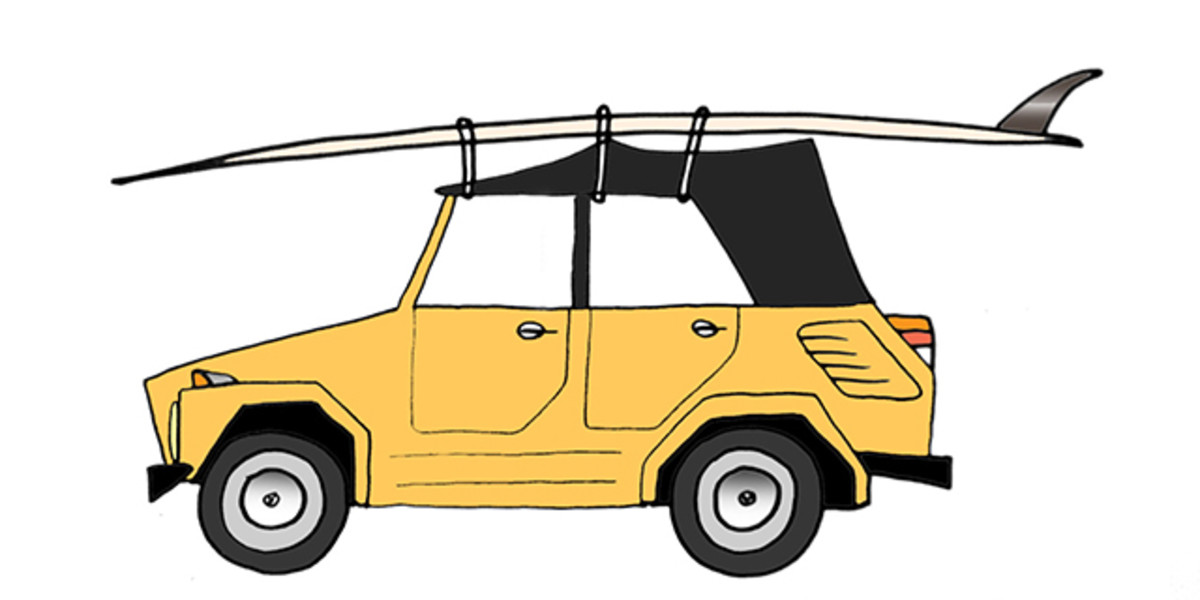 1971 VW Thing and 12’ Skip Frye Single Fin Glider. Photo: Courtesy of Rad Cars with Rad Surfboards