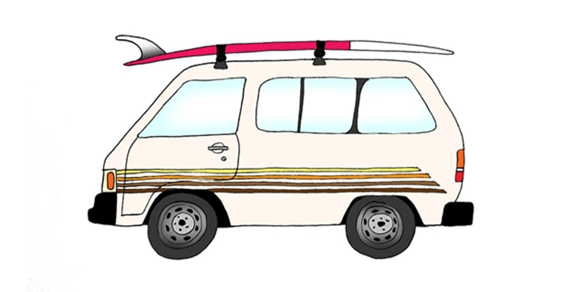 1985 Toyota Van and 9'7" Mikey DeTemple Log. Photo: Courtesy of Rad Cars with Rad Surfboards