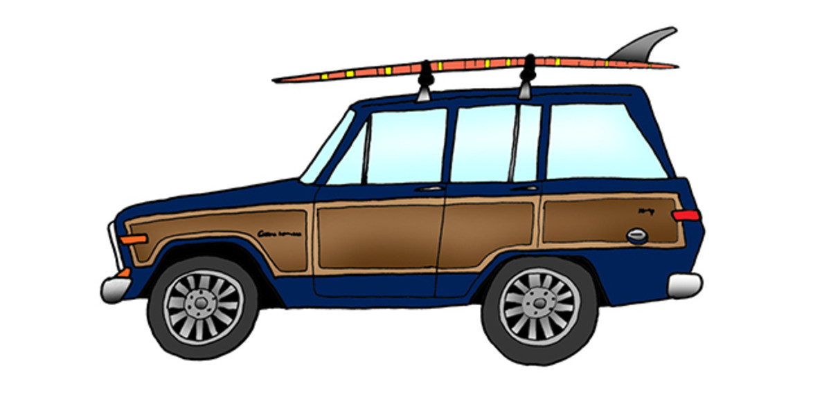 1989 Jeep Grand Wagoneer and 9'0" Matt Garbutt. Photo: Courtesy of Rad Cars with Rad Surfboards