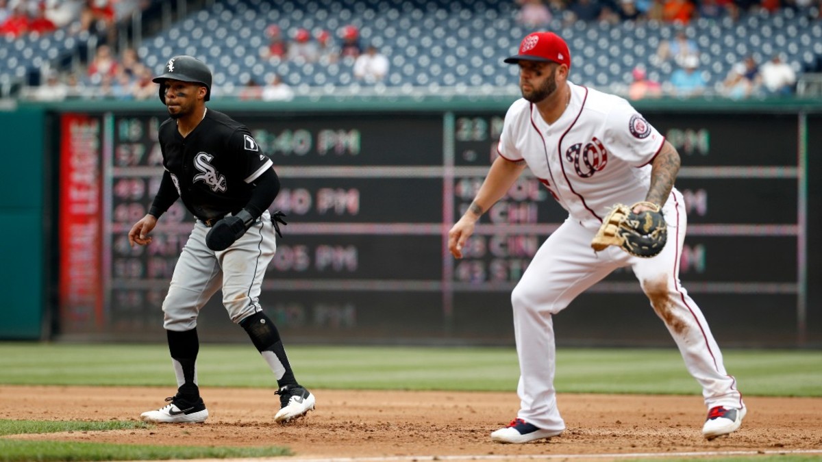 White Sox Nationals Baseball, Washington, USA - 05 Jun 2019 Chicago White Sox's Leury Garcia, left, takes a lead from first base in front of Washington Nationals first baseman Matt Adams during an interleague baseball game, in Washington 5 Jun 2019 Image ID: 10286407k Featured in: White Sox Nationals Baseball, Washington, USA - 05 Jun 2019 Photo Credit: Patrick Semansky/AP/Shutterstock