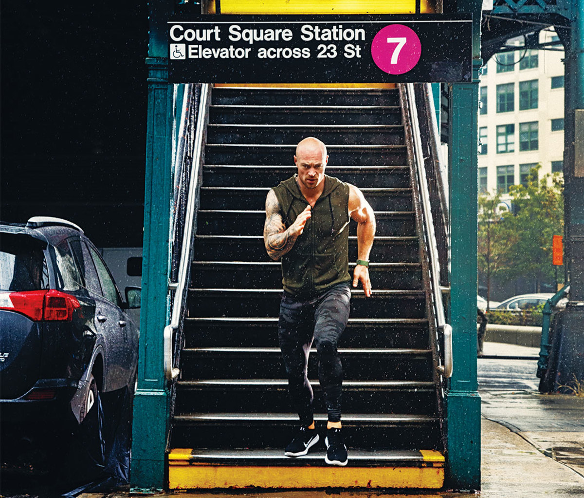 Man sprinting down stairs