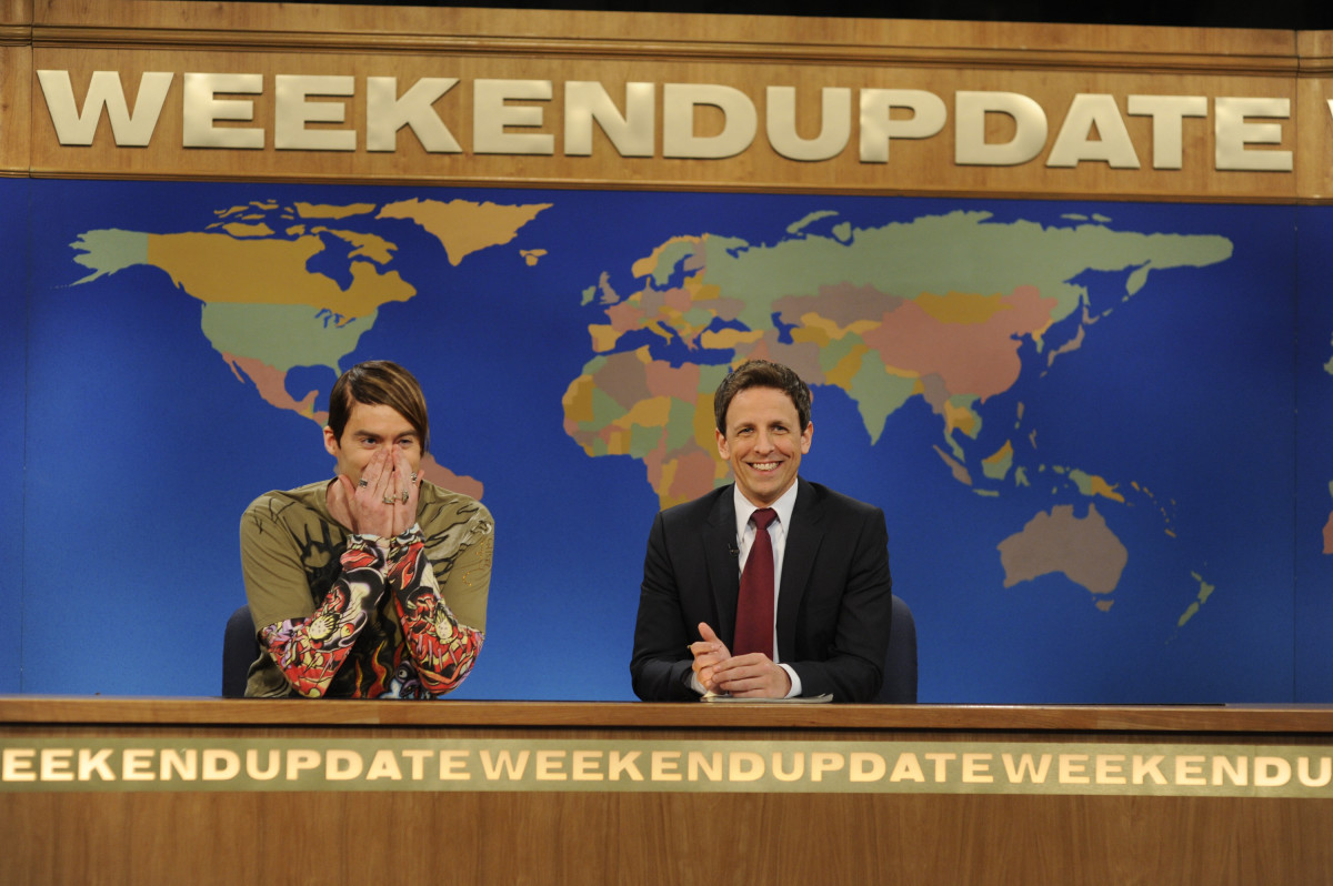 Bill Hader as Stefon and Seth Meyers on Saturday Night Live's Weekend Update