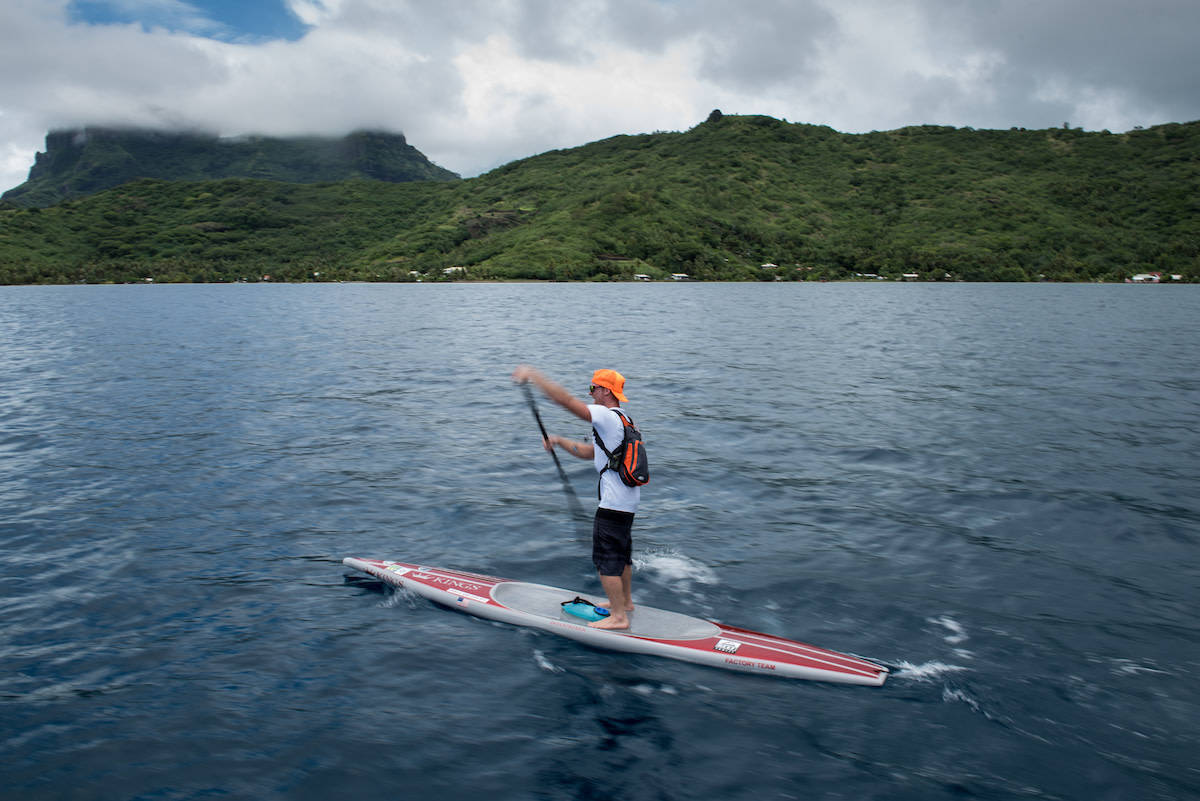 SUP racers on the third day of the Ironmana raced around Bora Bora.