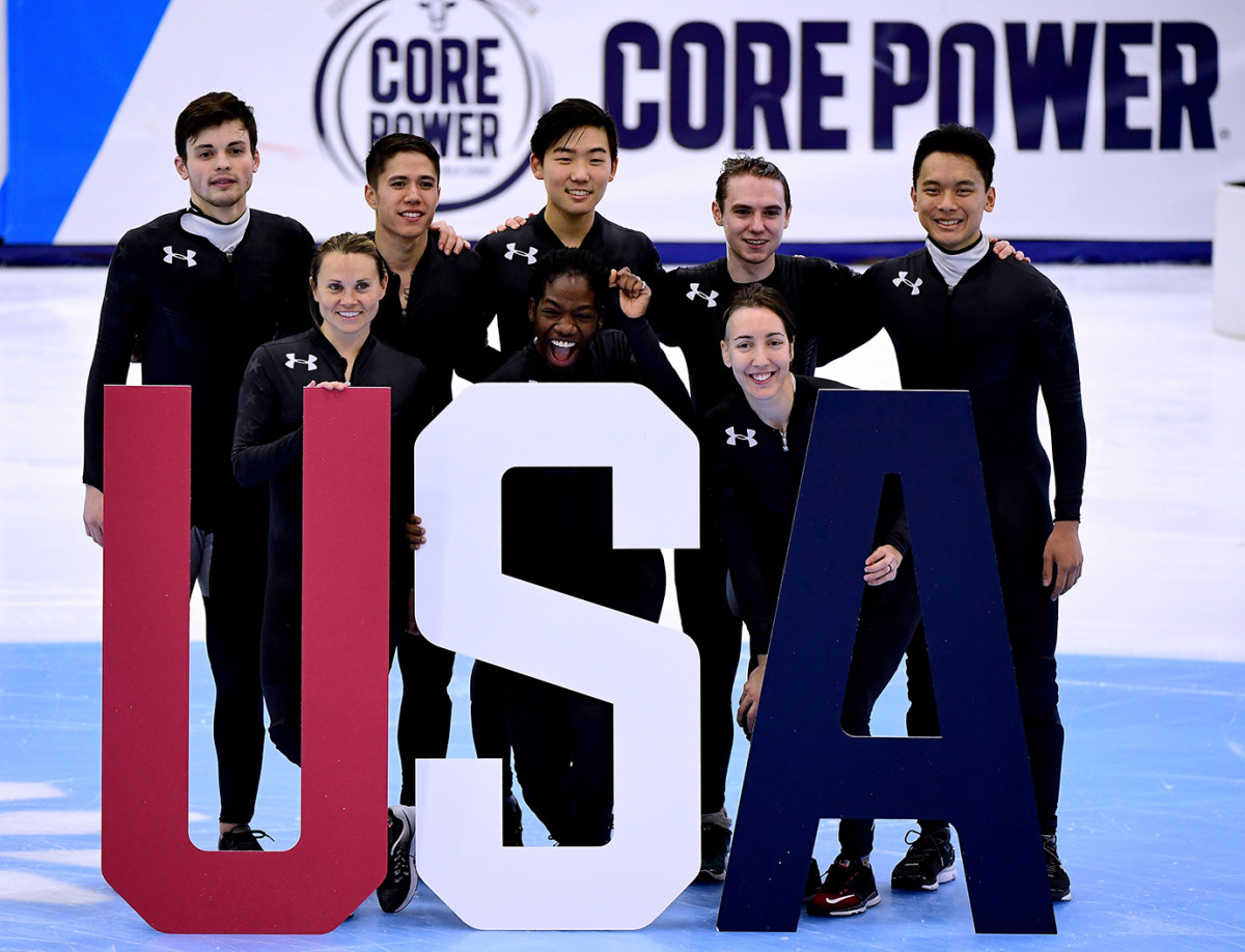 From left to right: John-Henry Krueger, Jessica Kooreman, J.R. Celski, Maame Biney, Thomas Insuk Hong, Lana Gehring, Ryan Pivirotto and Aaron Tran posing for a photo during the 2018 U.S. Speedskating Short Track Olympic Team Trials at the Utah Olympic Oval on December 17, 2017 in Salt Lake City, Utah.