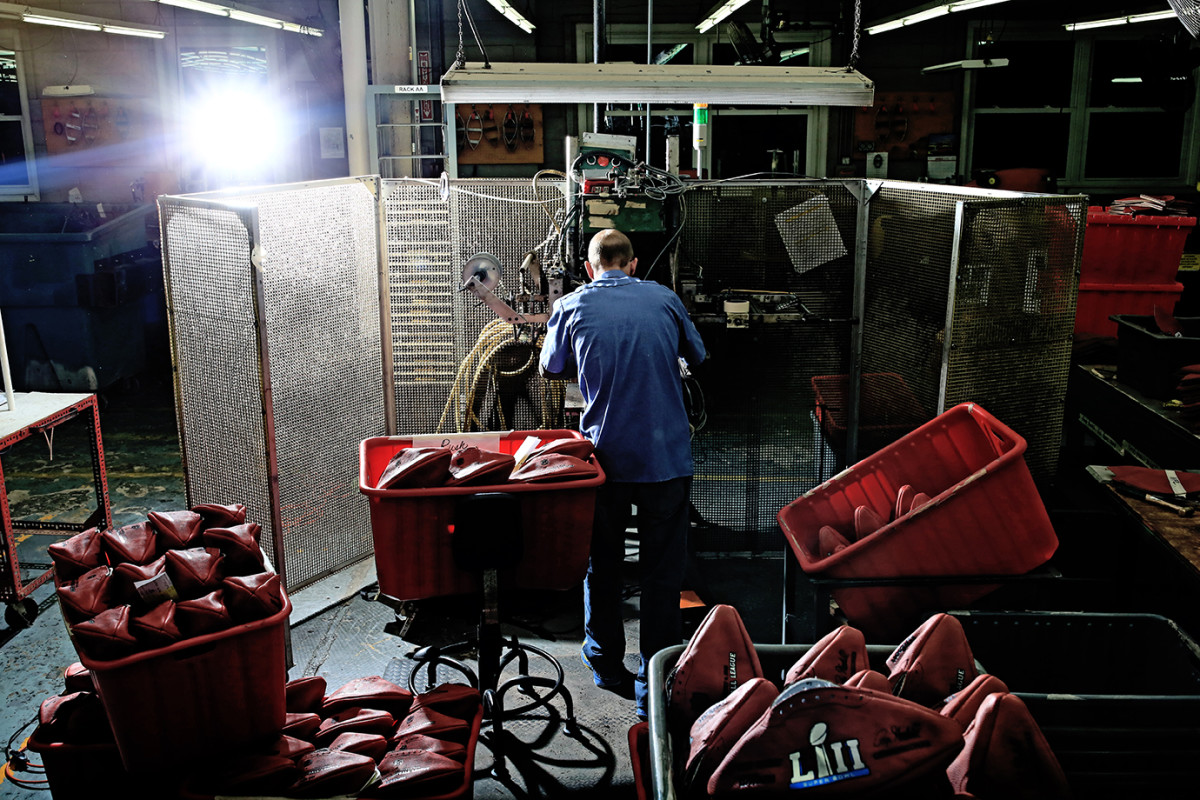 Baskets of footballs at Wilson's Ada, Ohio factory.