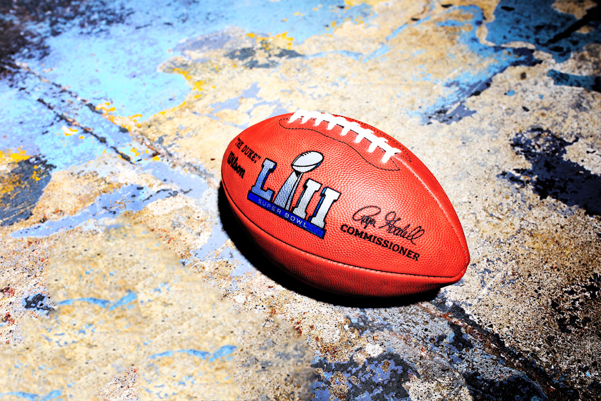 The final product: an official Super Bowl ball made by the Wilson factory in Ada, Ohio.