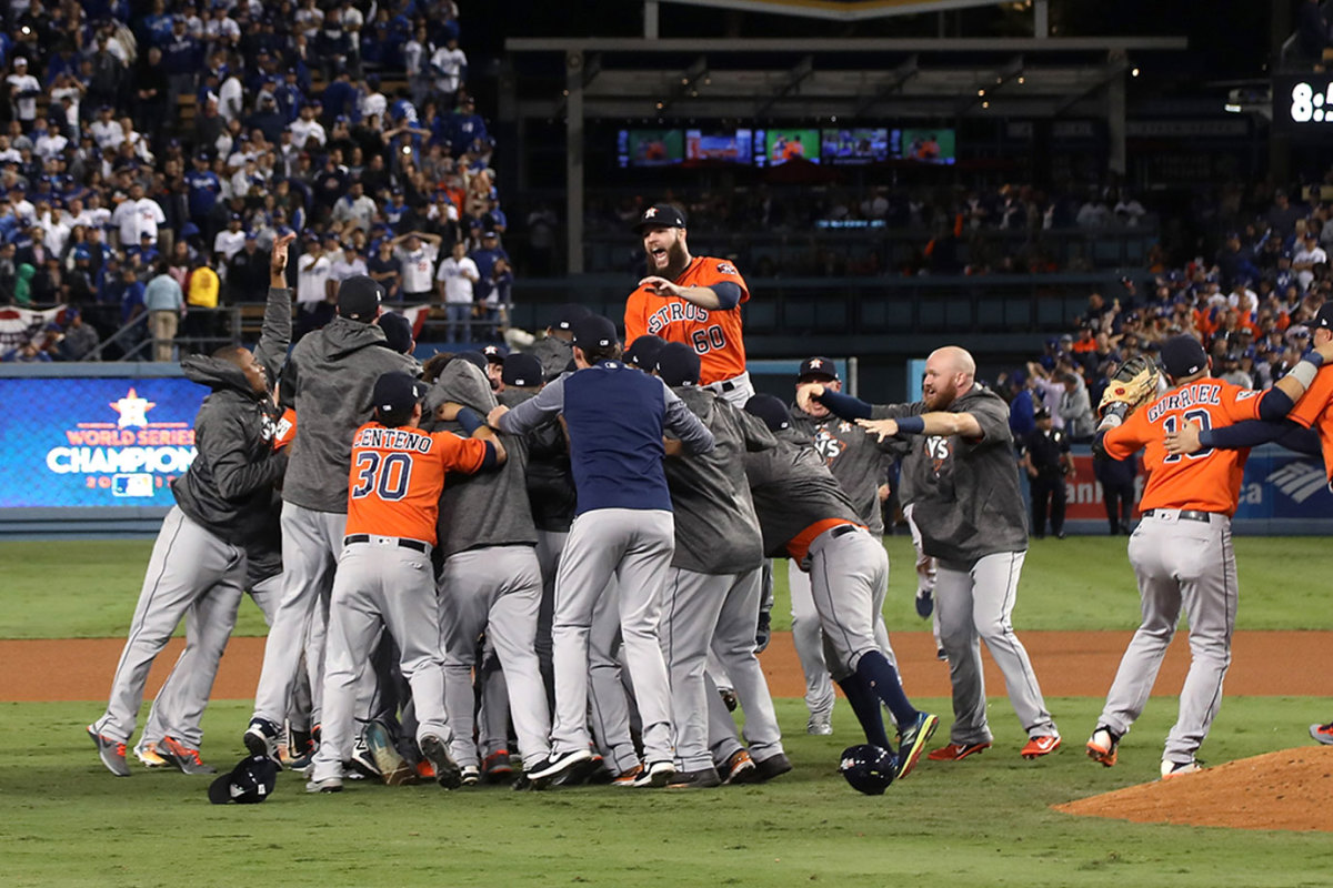 The Houston Astros celebrate defeating the Los Angeles Dodgers in the World Series.