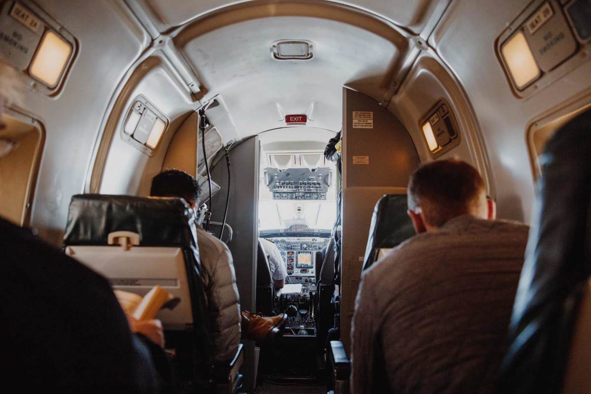View of the front of a plane from inside on a flight from Prince George to Tumbler Ridge.