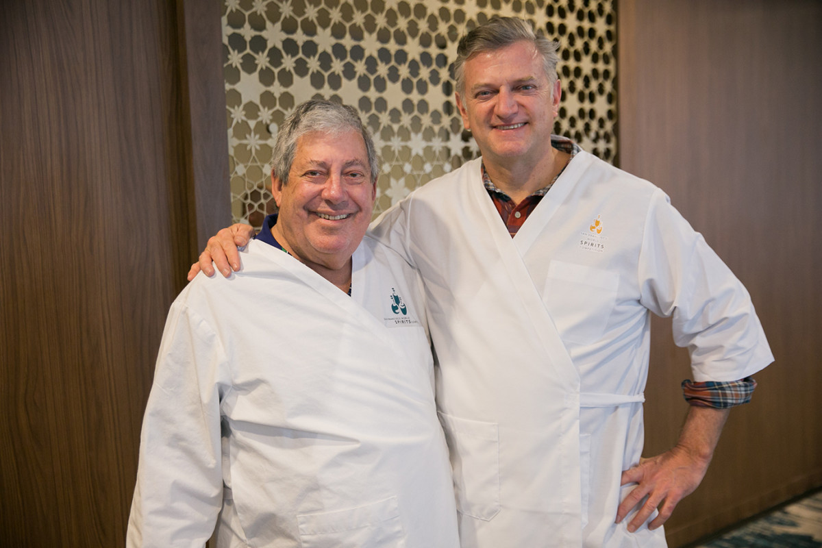 At left, Anthony Dias Blue, known as Andy, with H. Joseph Ehrmann, proprietor of San Francisco's bar Elixir, at the San Francisco World Spirits Competition.