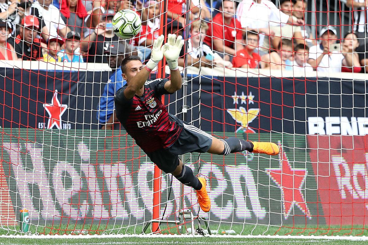 Odisseas Vlachodimos #99 of Benfica makes a save in the second half during the International Champions Cup at Red Bull Arena on July 28, 2018 in Harrison, New Jersey.