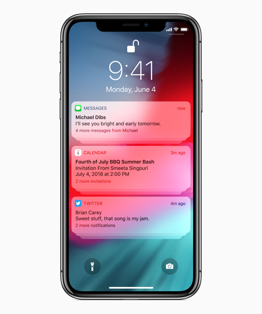 iOS 12 will allow users to group notifications by app on the lock screen, making them easier to manage.