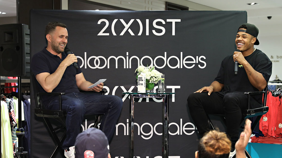 Fashion market director at VANITY FAIR, Michael Carl and New York Giants wide receiver Sterling Shepard speak as Bloomingdale's and 2(X)IST welcome New York Giants wide receiver Sterling Shepard on June 7, 2018 in New York City.