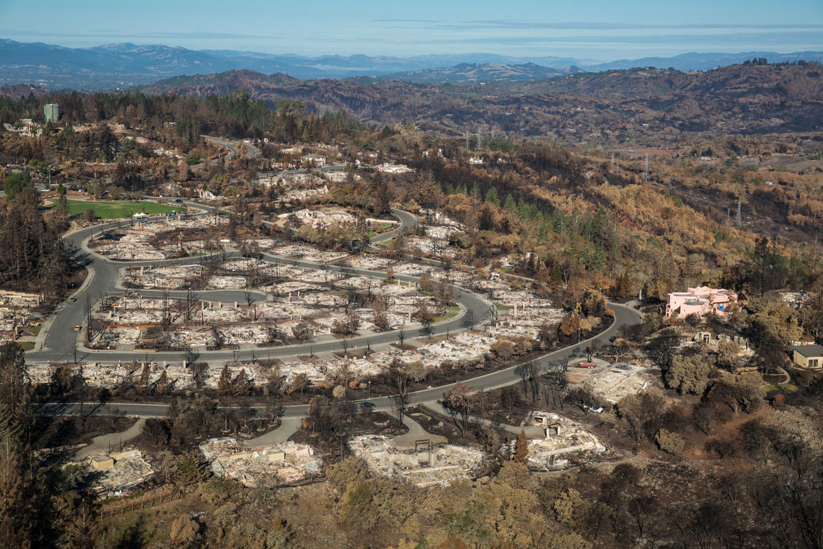 The community of Fountaingrove, California, after the devastating Calistoga fire swept through the area
