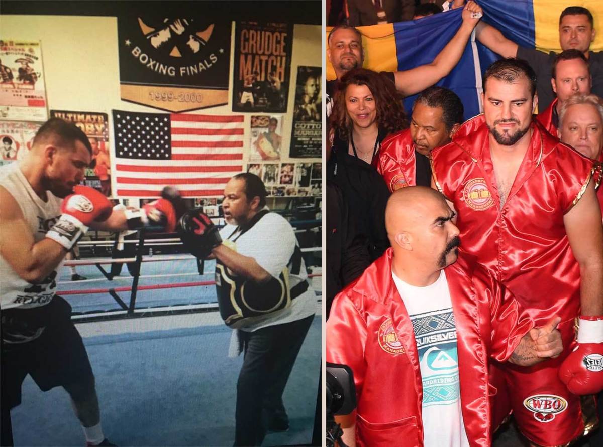 Boxer Razvan Cojanu training with John Arthur (left); heading into fight against Joseph Parker in 2017 (right)