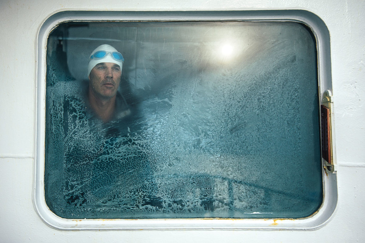 Lewis Pugh waiting to take the plunge into Ross Sea's 30-degree water