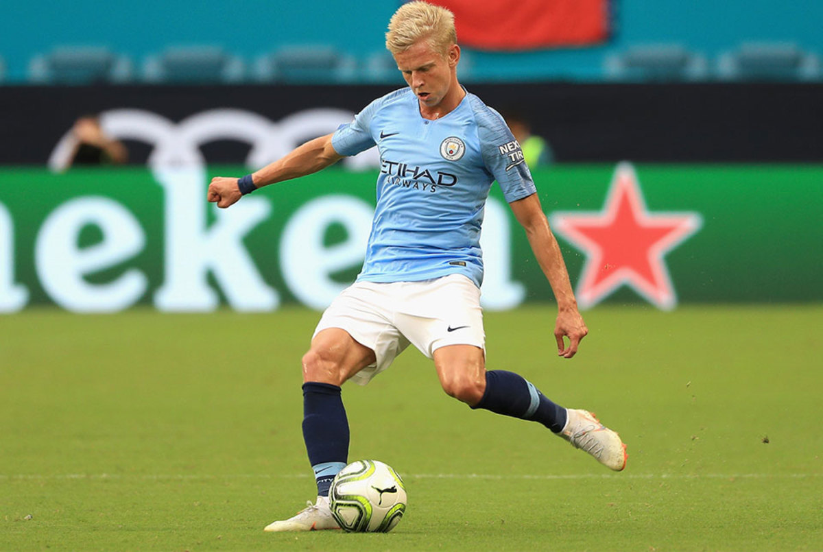 Oleksandr Zinchenko #35 of Manchester City controls the ball during the first half of the International Champions Cup 2018 match against FC Bayern Munich at Hard Rock Stadium on July 28, 2018 in Miami, Florida.