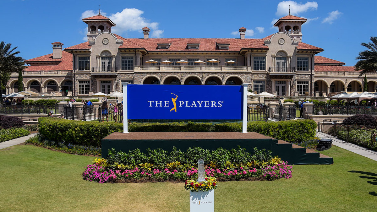 The championship trophy sits on display behind the clubhouse during the final round of THE PLAYERS Championship on THE PLAYERS Stadium Course at TPC Sawgrass on May 10, 2015 in Ponte Vedra Beach, Florida. 