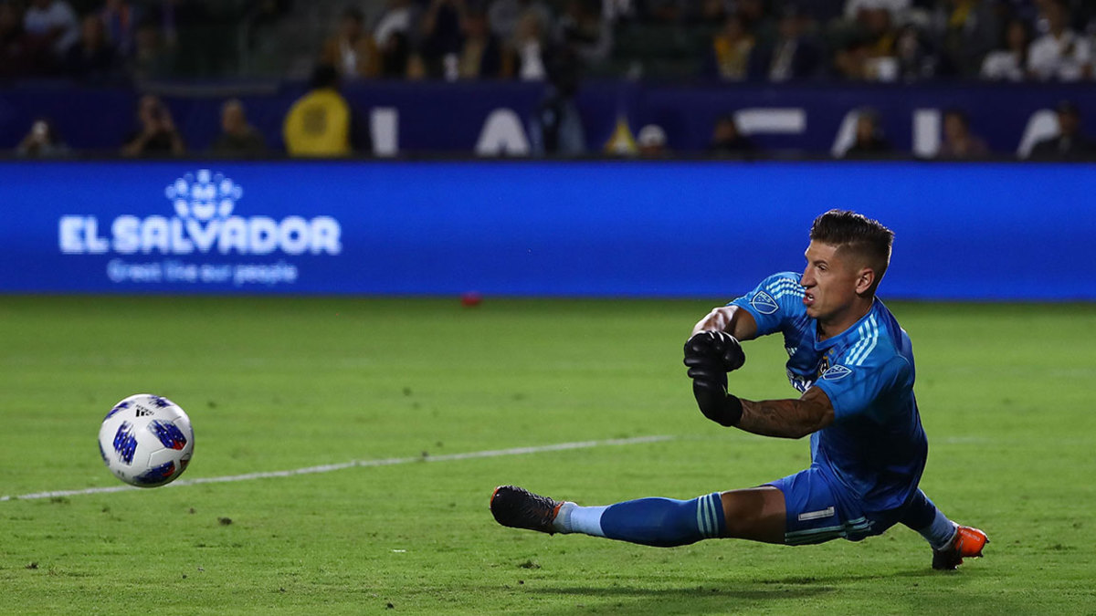 Goalkeeper David Bingham #1 of Los Angeles Galaxy makes a save on a shot by FC Dallas in the second half of the MLS match at StubHub Center on May 30, 2018 in Carson, California. FC Dallas defeated the Galaxy 3-2.