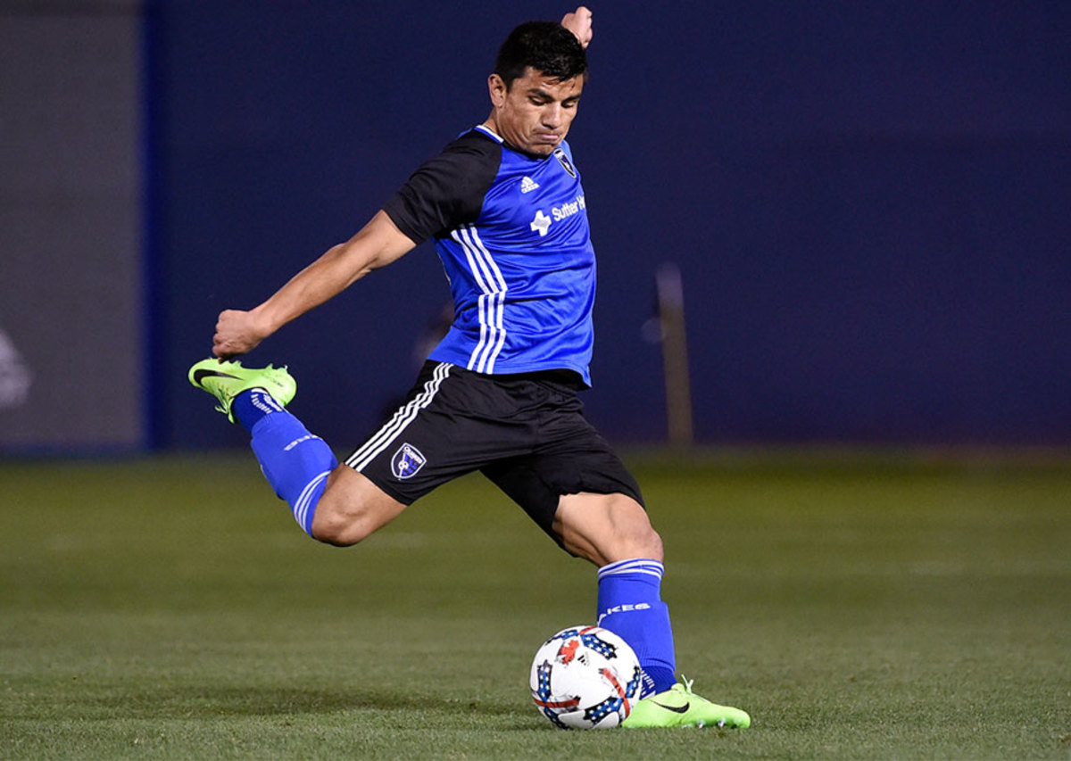 Nick Lima #24 of San Jose Earthquakes goes to kick the ball during the California Clasico game against the Los Angeles Galaxy at Cashman Field on February 11, 2017 in Las Vegas, Nevada. San Jose won 1-0.