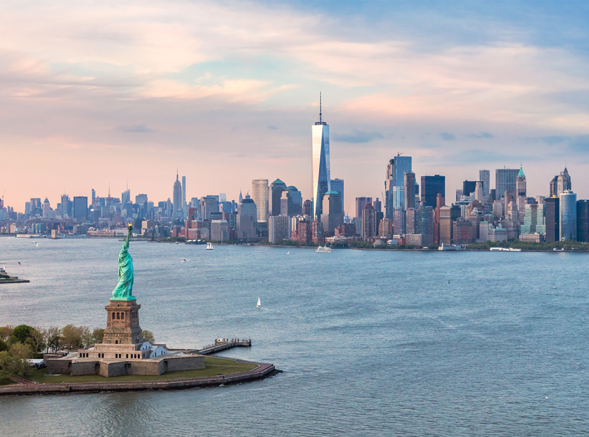Aerial of Statue of Liberty and Manhattan skyline