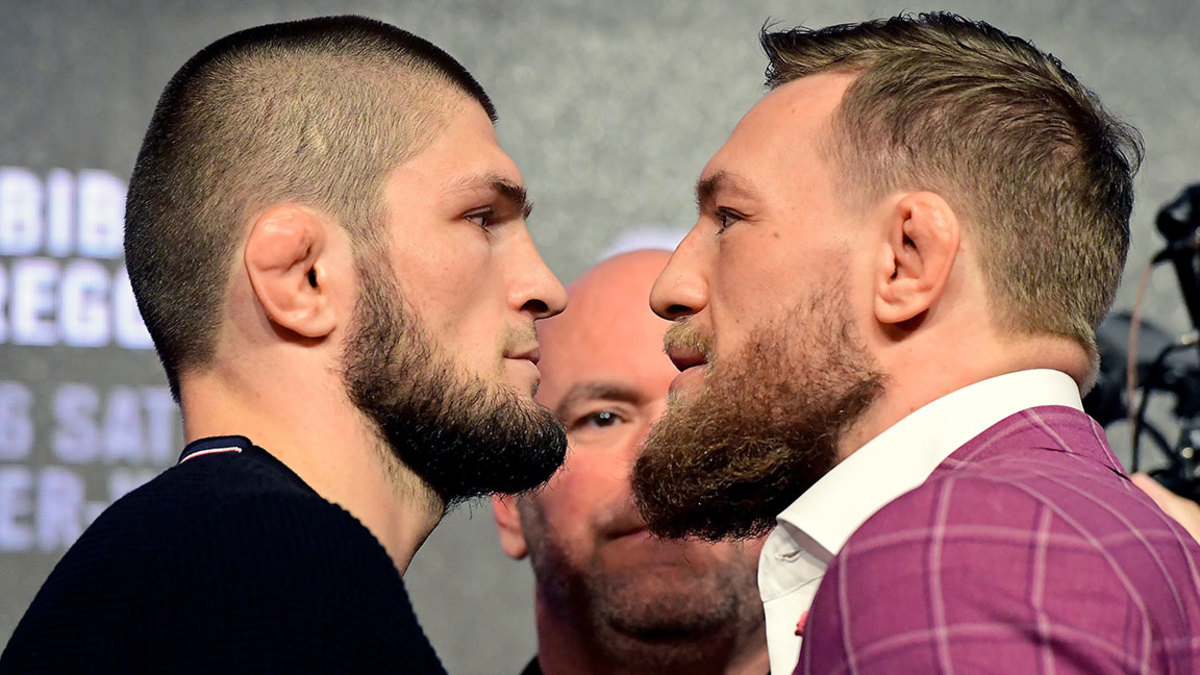 Lightweight champion Khabib Nurmagomedov faces-off with Conor McGregor during the UFC 229 Press Conference at Radio City Music Hall on September 20, 2018 in New York City. (Photo by Steven Ryan/Getty Images)