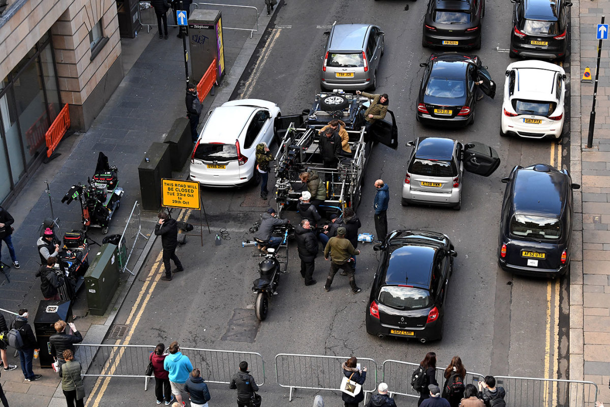 Crew gather in Cochrane Street as filming of Fast and the Furious spinoff continues on October 26, 2018 in Glasgow, Scotland. The Universal Pictures film stars Jason Statham, Dwayne Johnson and Idris Elba and has a crew of 200 working on it in the city until the 29th of October. (Photo by Jeff J Mitchell/Getty Images)