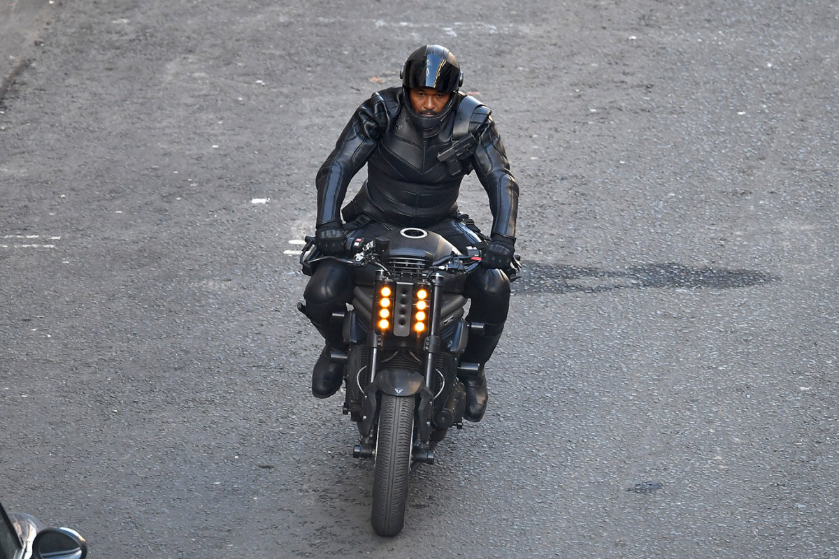 A stunt double on a Triumph motorcycle in Cochrane Street as filming of Fast and the Furious spinoff continues on October 26, 2018 in Glasgow, Scotland. The Universal Pictures film stars Jason Statham, Dwayne Johnson and Idris Elba and has a crew of 200 working on it in the city until the 29th of October. (Photo by Jeff J Mitchell/Getty Images)