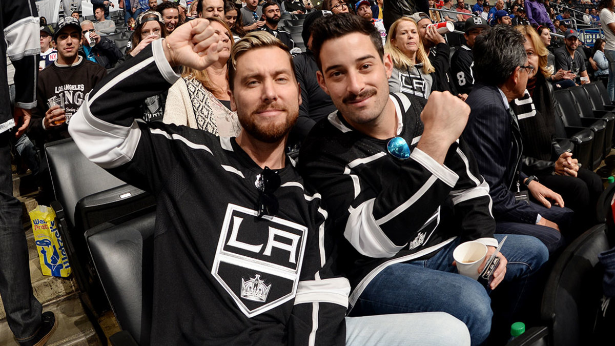 Singer Lance Bass and and actor Michael Turchin pose while watching the game between the Los Angeles Kings and the New York Rangers at STAPLES Center on October 28, 2018 in Los Angeles, California. (Photo by Noah Graham/NHLI via Getty Images)