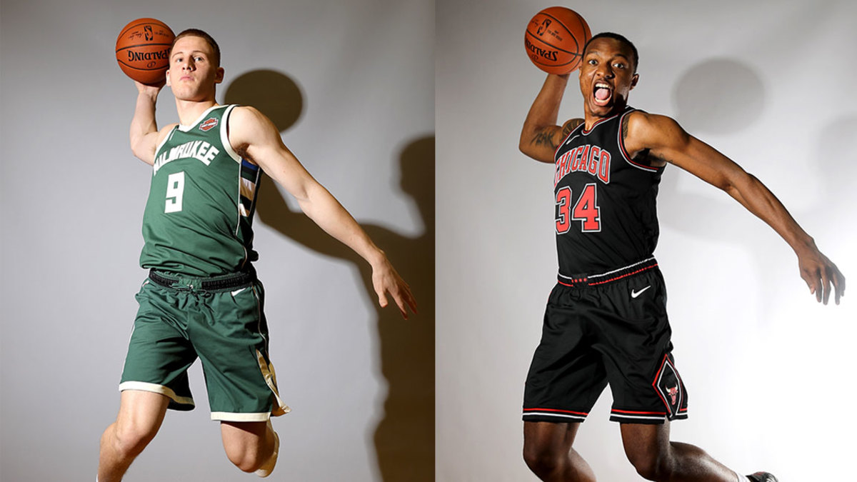  Wendell Carter Jr. of the Chicago Bulls and Donte DiVincenzo of the Milwaukee Bucks pose for a portrait during the 2018 NBA Rookie Photo Shoot at MSG Training Center on August 12, 2018 in Tarrytown, New York. NOTE TO USER: User expressly acknowledges and agrees that, by downloading and or using this photograph, User is consenting to the terms and conditions of the Getty Images License Agreement. (Photo by Elsa/Getty Images)